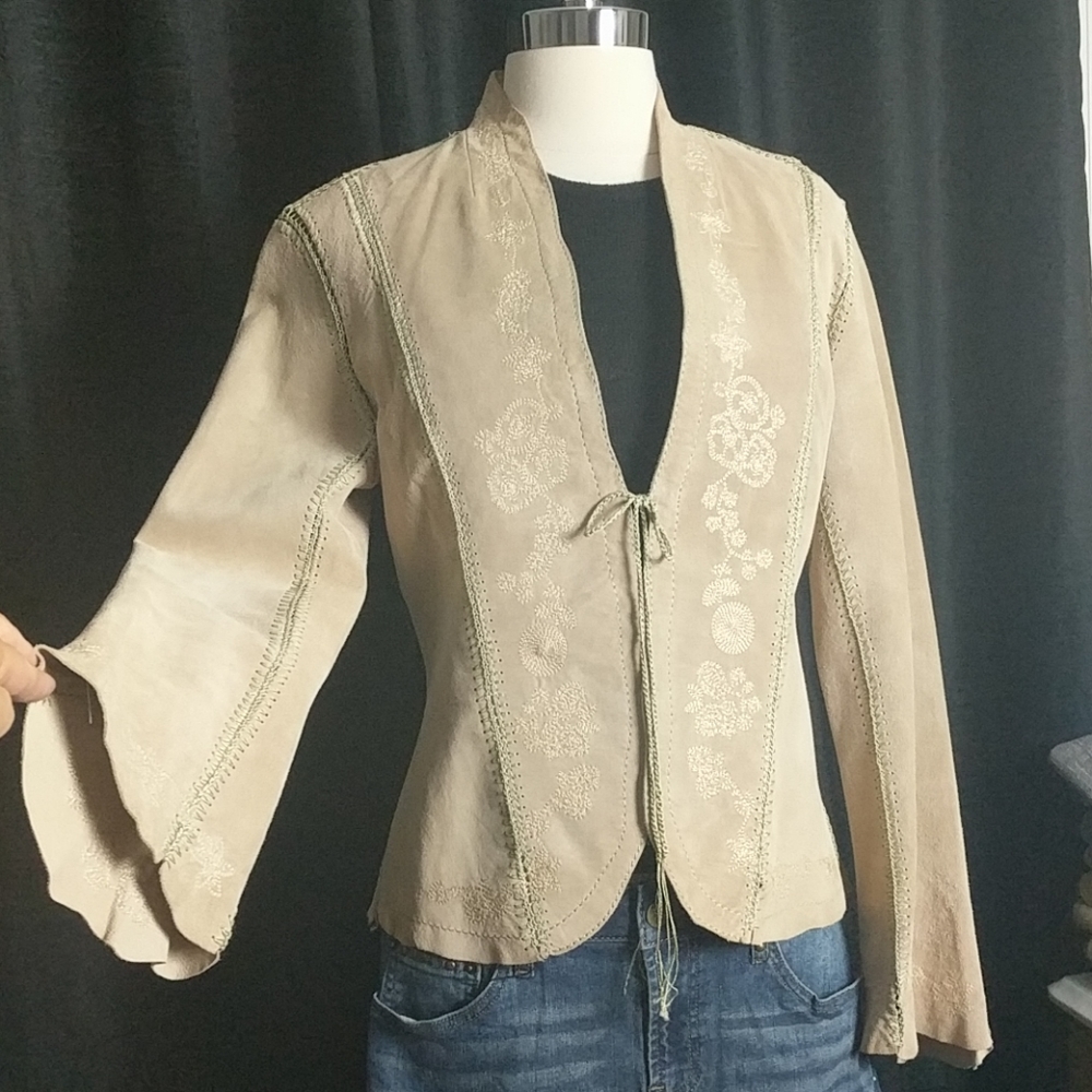Women's Beige Suede Embroidered Leather Jacket